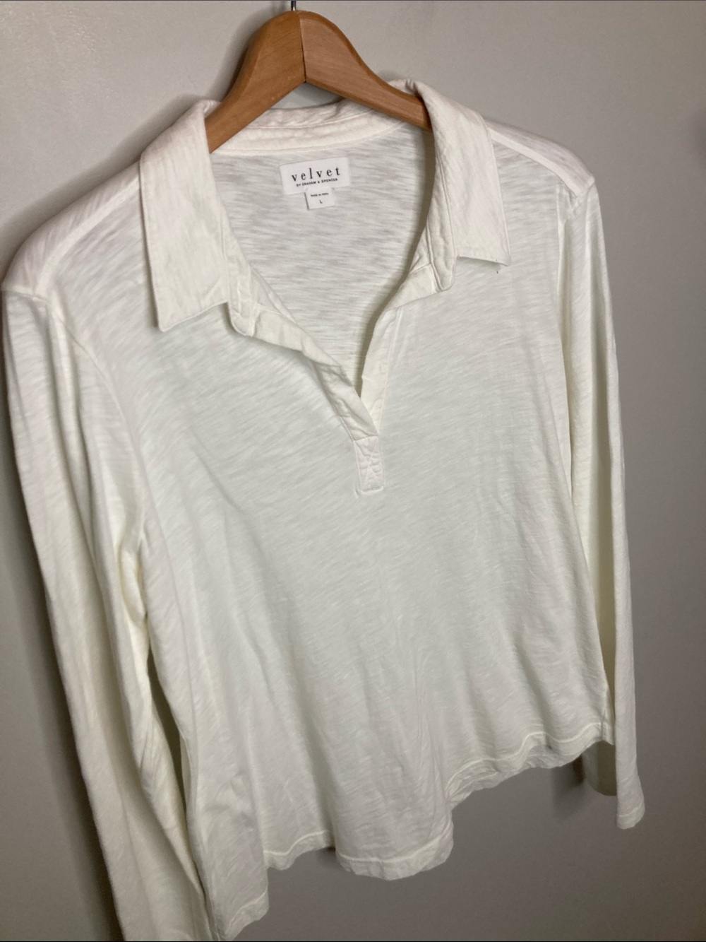 Velvet by Graham & Spencer, White Cotton Long-Sleeve Polo Top, Size Large - Picture 3 of 6